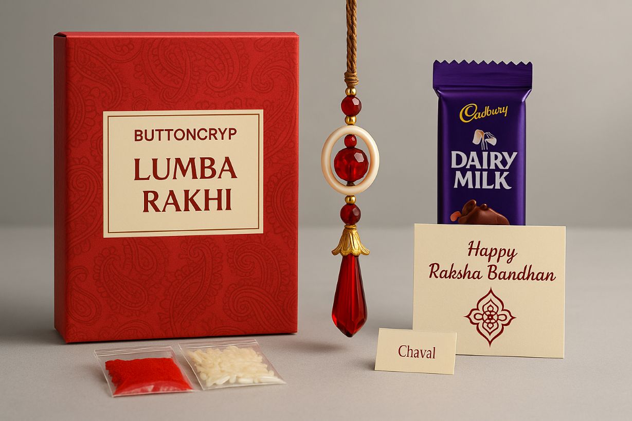 BUTTON CRYP Lumba Rakhi Red | Designer Lumba Rakhi Online