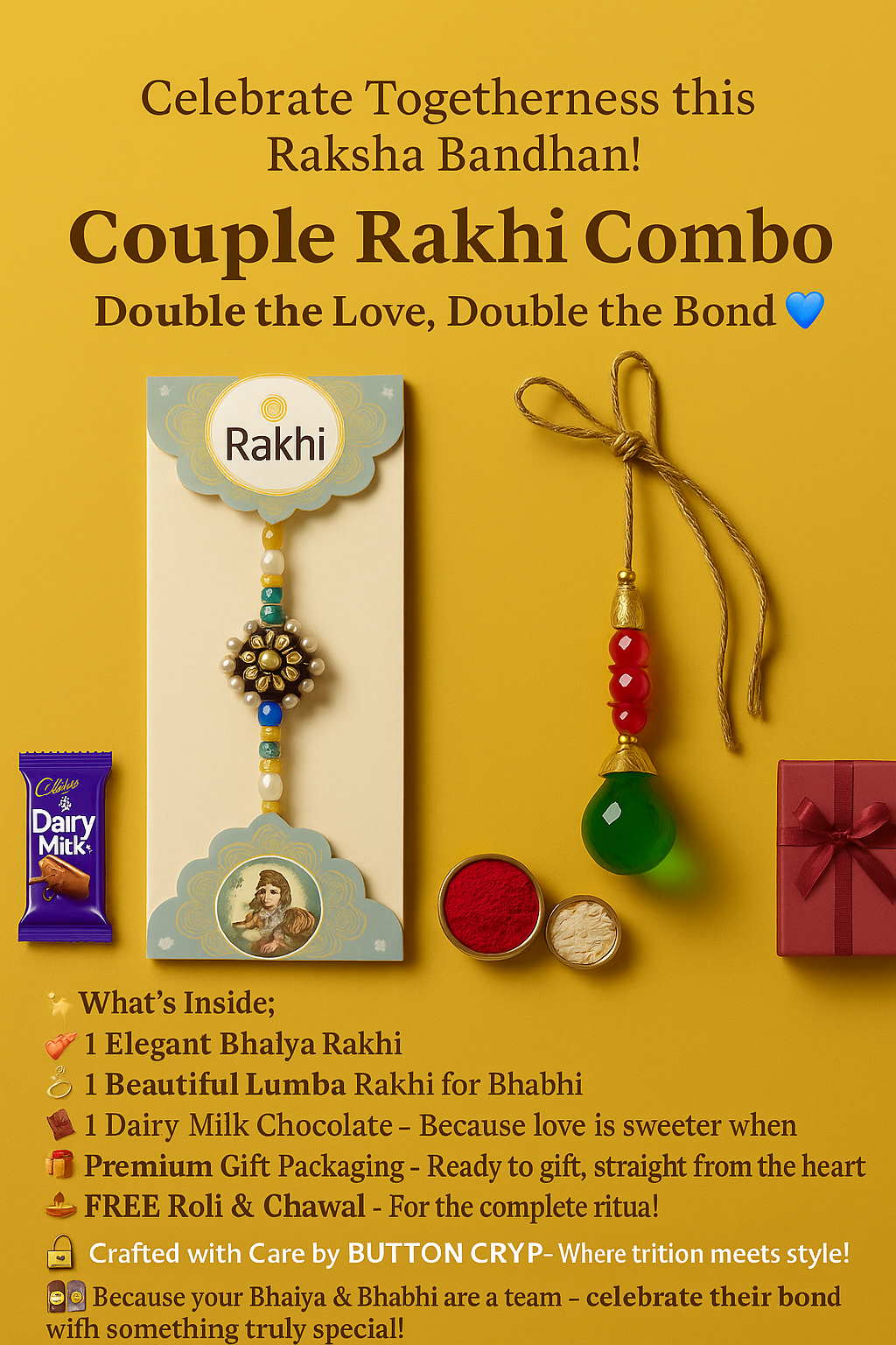 "Exclusive BUTTON CRYP Rakhi Combo Set for Bhai-Bhabhi โ Premium Kundan & Floral Lumba Rakhi, Lovely Pair with Pearls Set (2 Pieces)