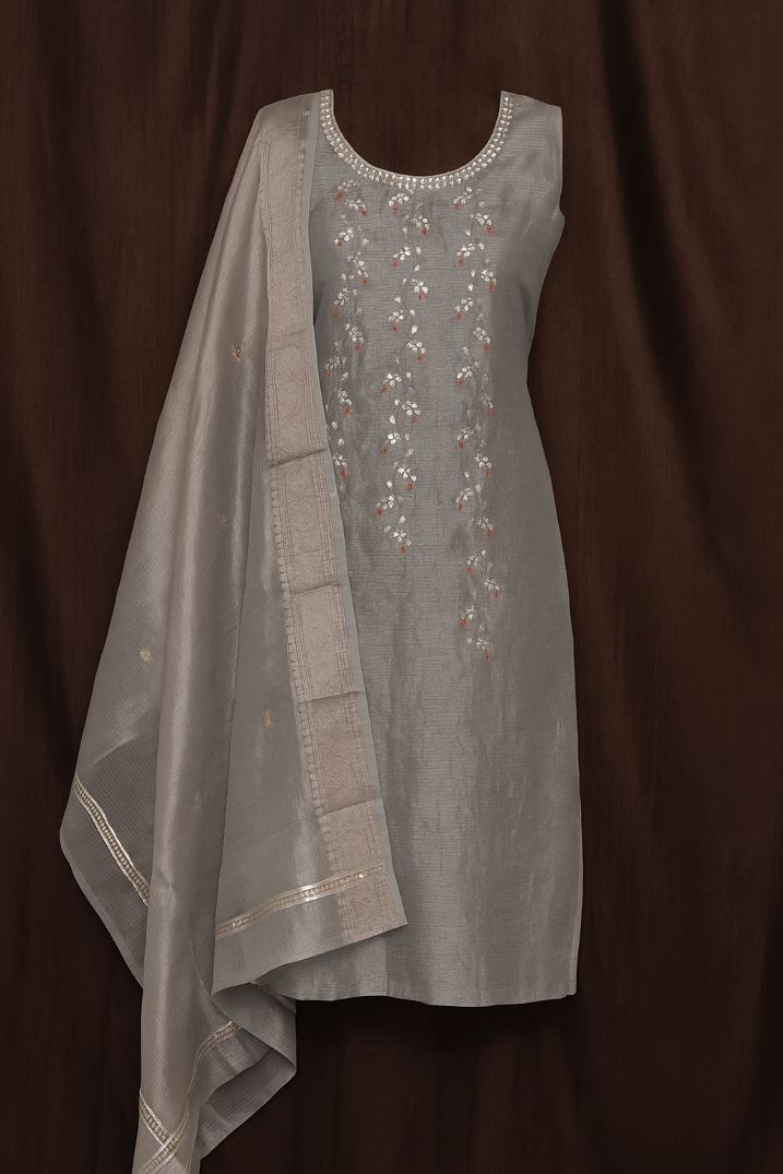 BUTTONCRYP Grey Colour Tissue Handwork Jaal Kurti Suit Material with Dupatta – Look Royal Without Looking Too Expensive!