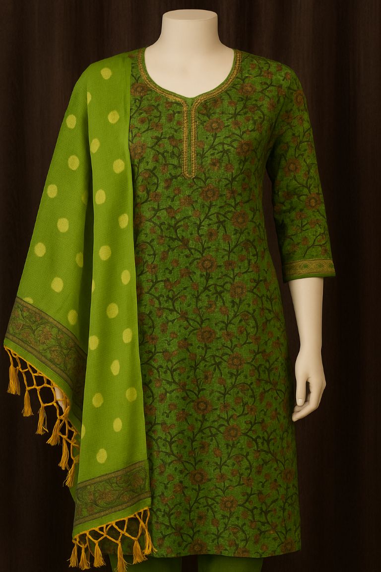 BUTTONCRYP Green Color Kurti with Dupatta | Gold Silver Print Stylish Women Kurti
