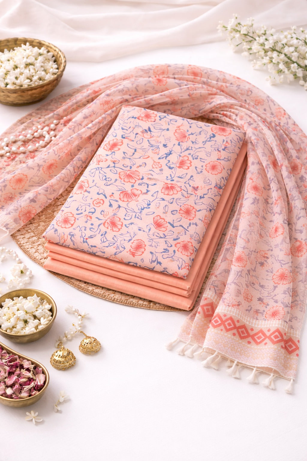 Block print kurta material with dupatta and pajama cloth.