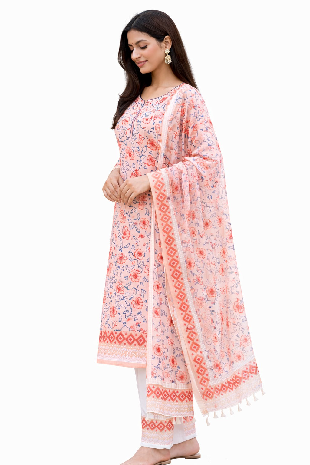 Block print kurta material with dupatta and pajama cloth. Side pose for your versatility.
