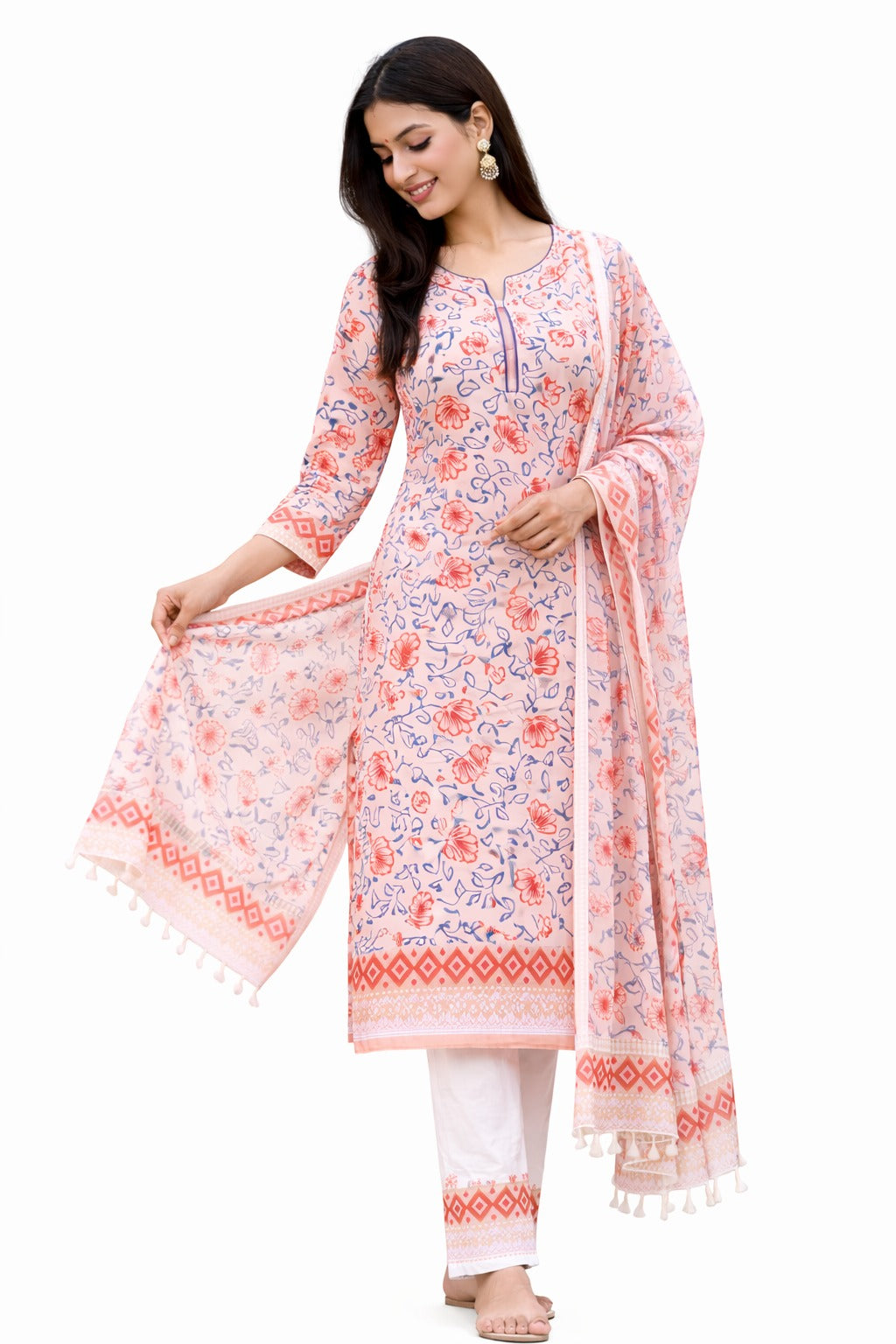 Block print kurta material with dupatta and pajama cloth. With flowing dupatta and your versatility