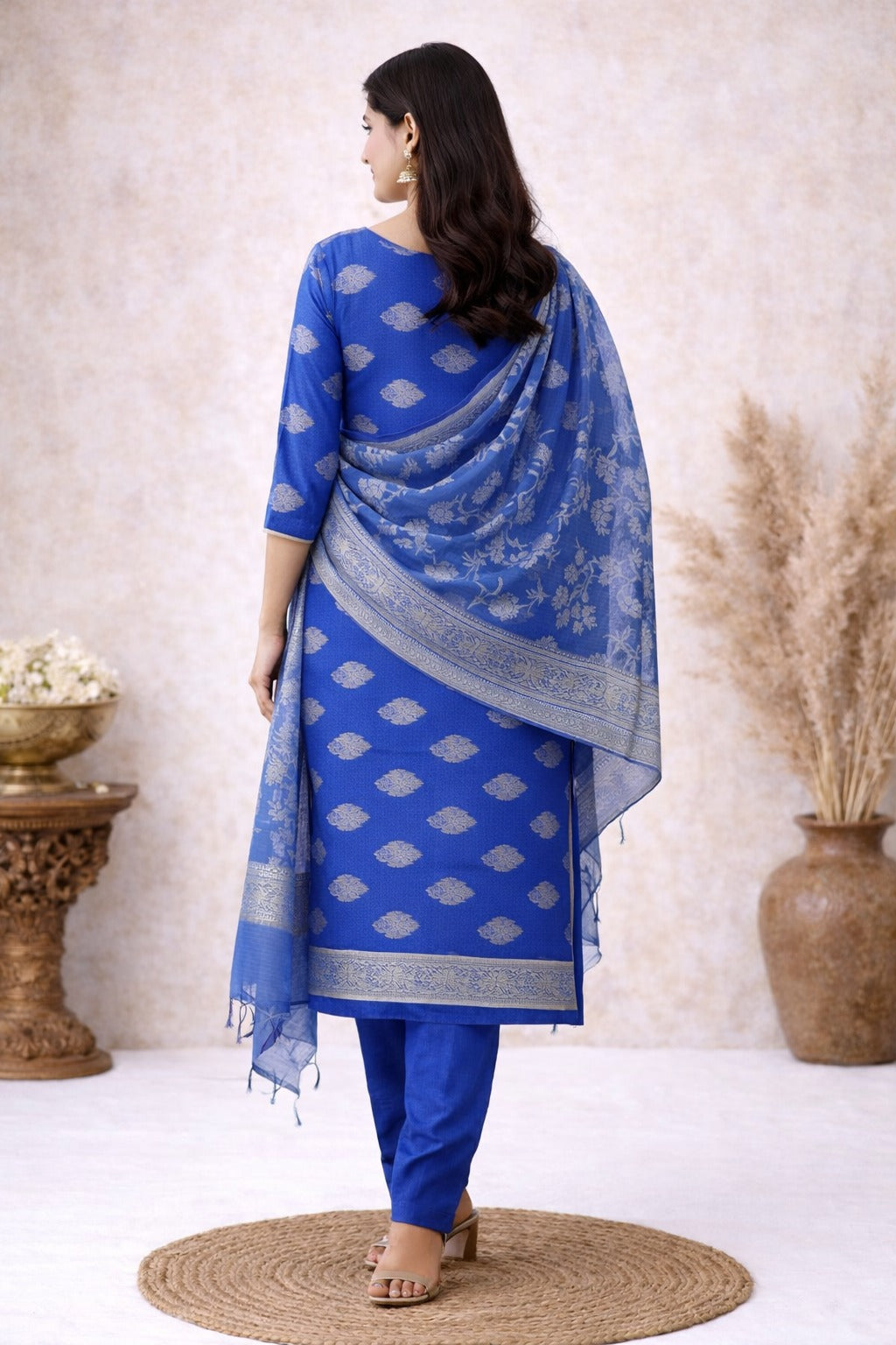 Blue Kurta material paired with dupatta having gold work
