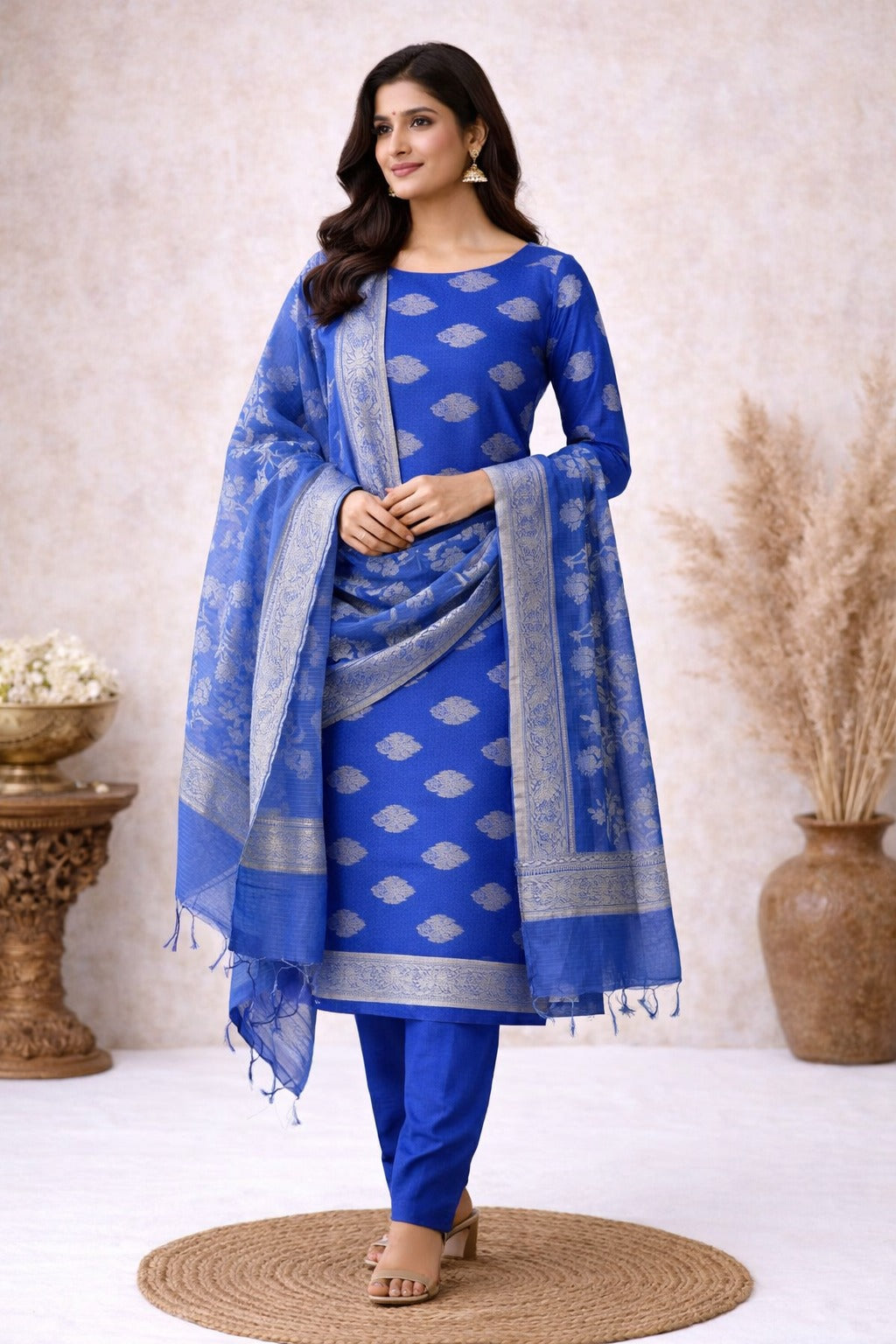 Blue Kurta material paired with dupatta having gold work