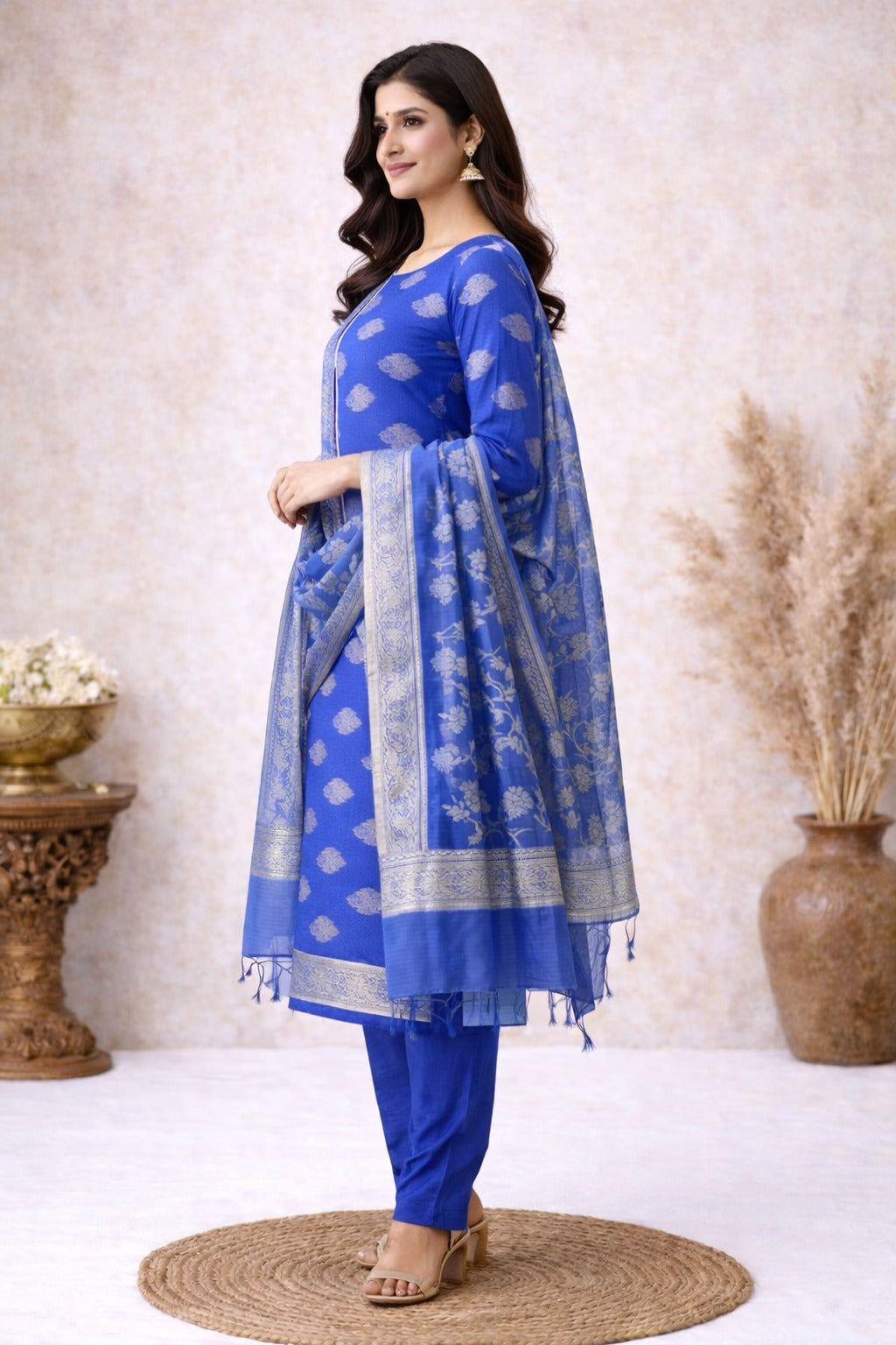 Blue Kurta material paired with dupatta having gold work