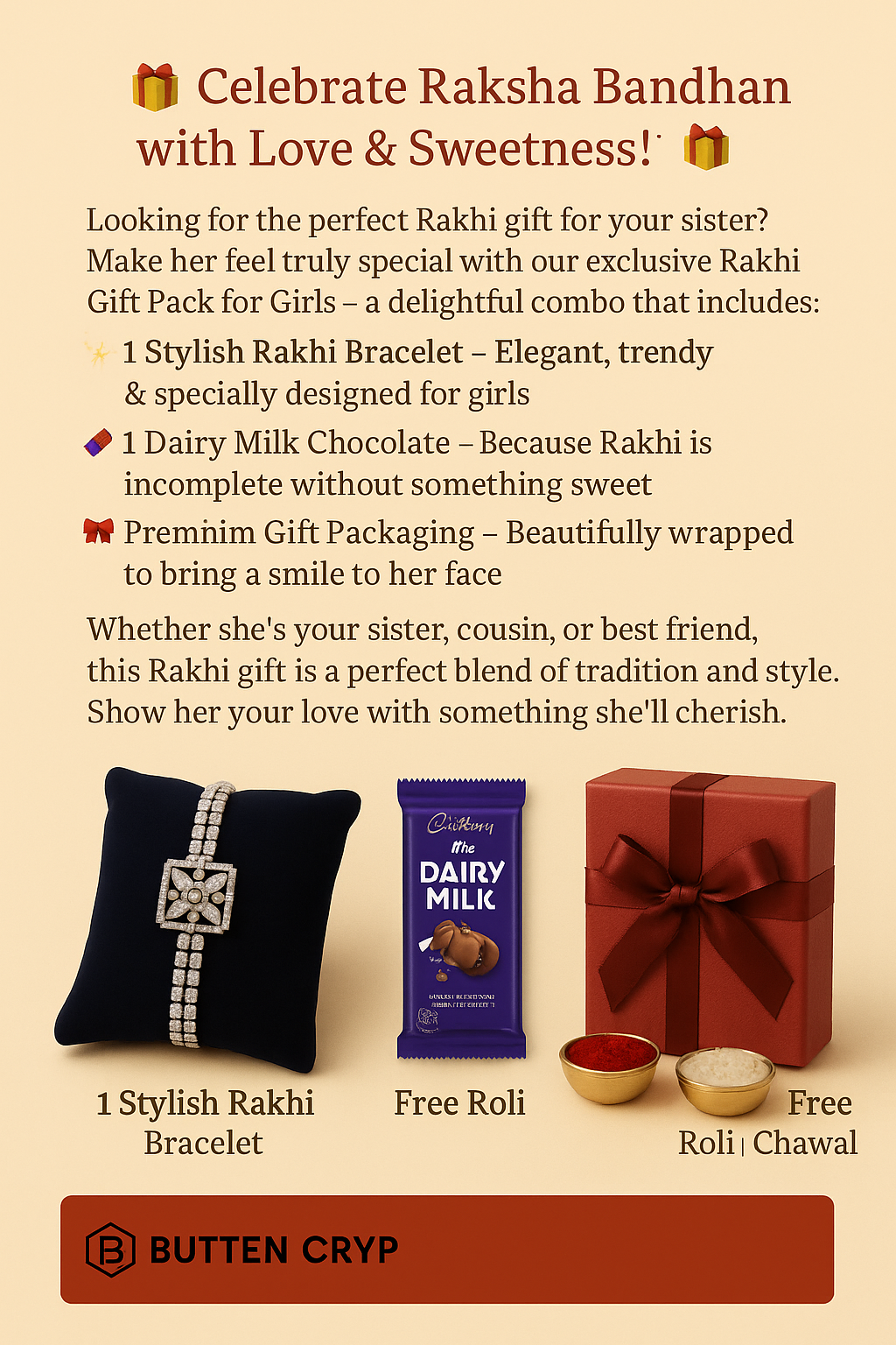 Rakhi for Girl - BUTTON CRYP Single Bracelet Rakhi | with Roli Chawal, Card, Chocolate