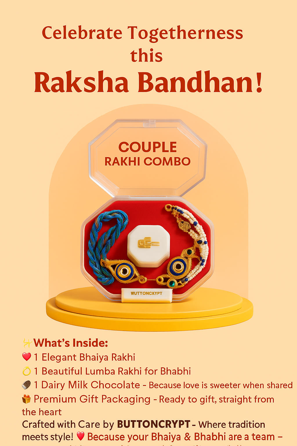 BUTTON CRYP Multicolor Couple Rakhi Set – Perfect Rakhi for Bhaiya and Bhabhi