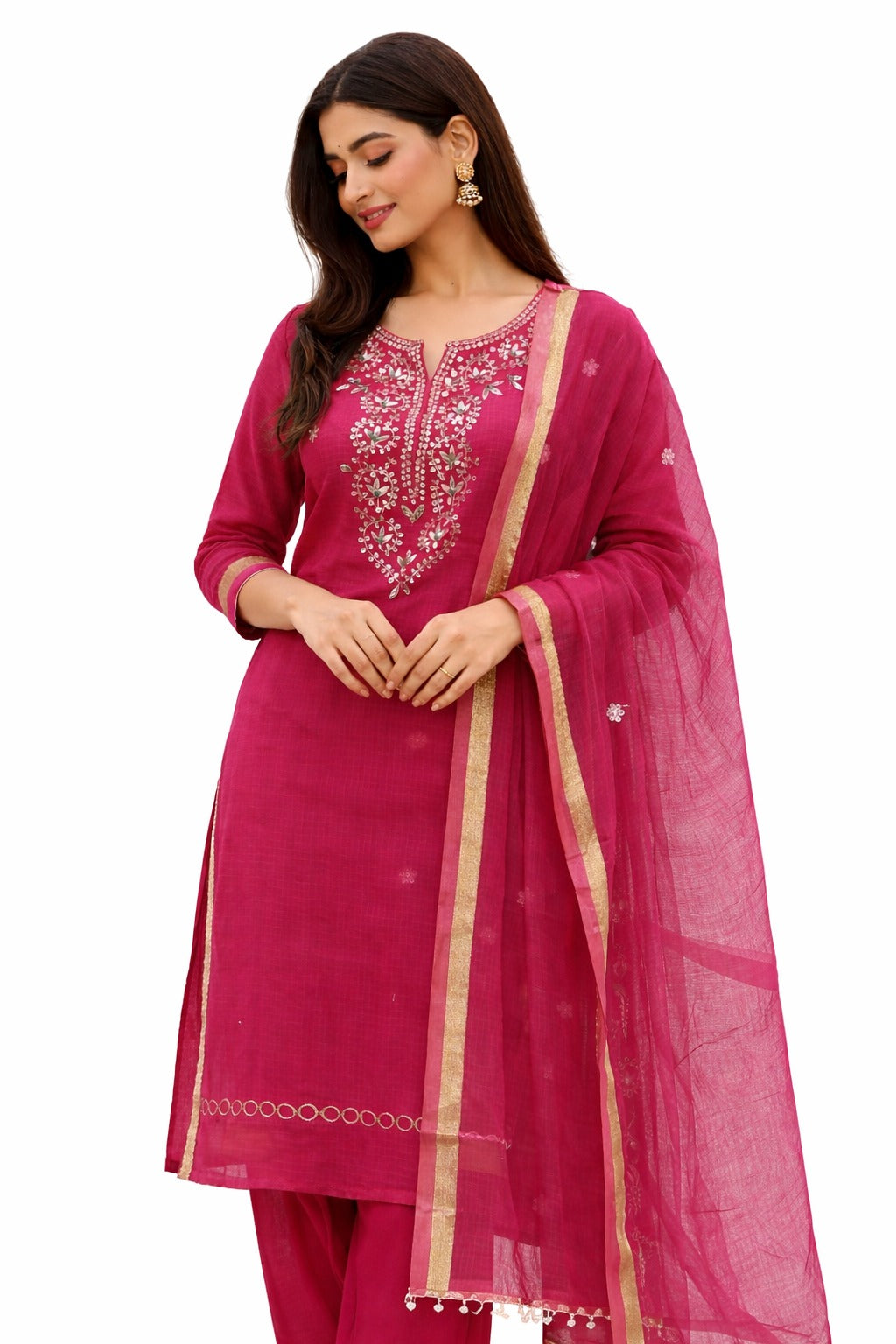 Deep rani pink gotapatti worked kurta material with dupatta. How can you style it.