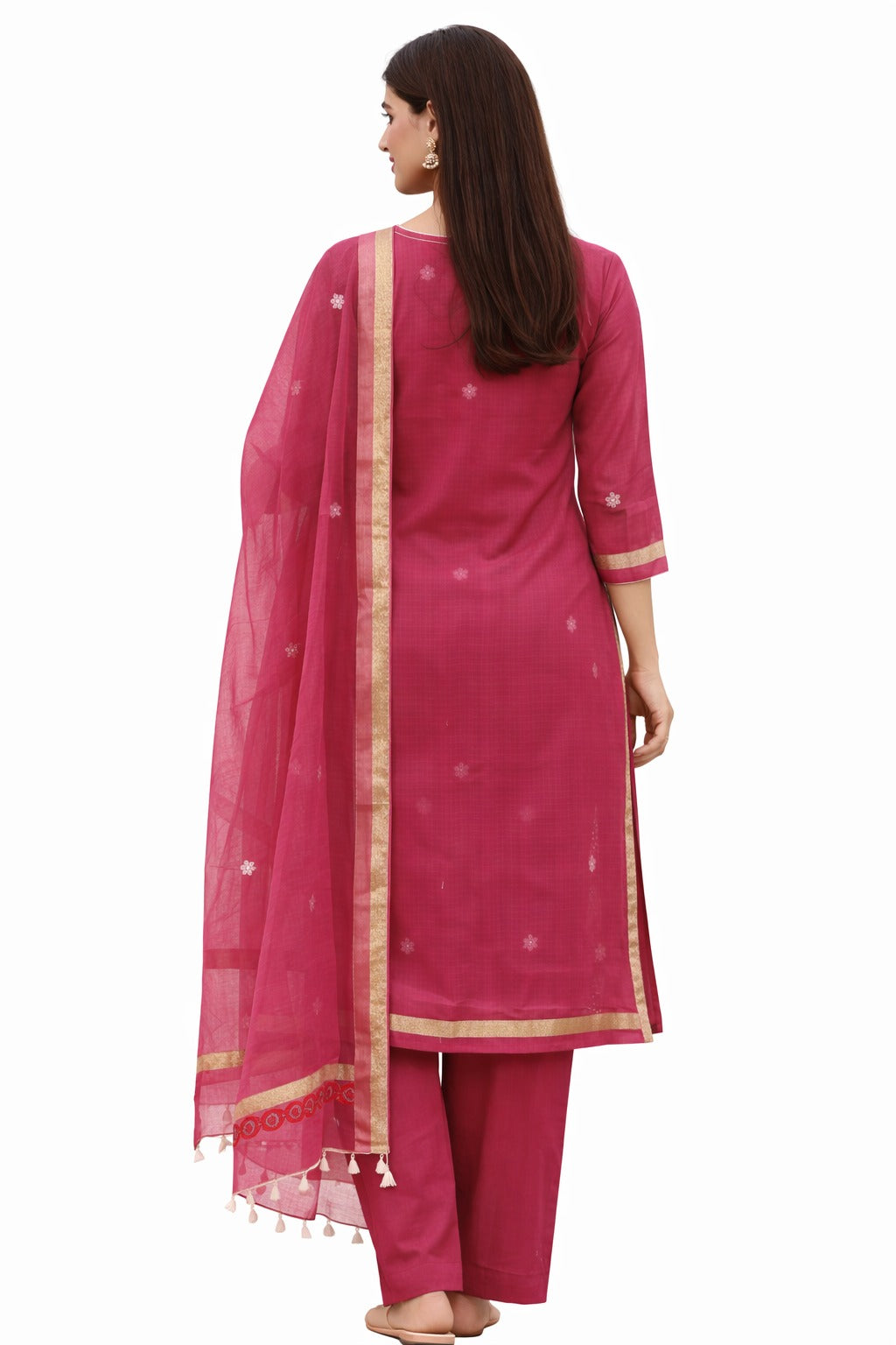 Deep rani pink gotapatti worked kurta material with dupatta. Back pose and design