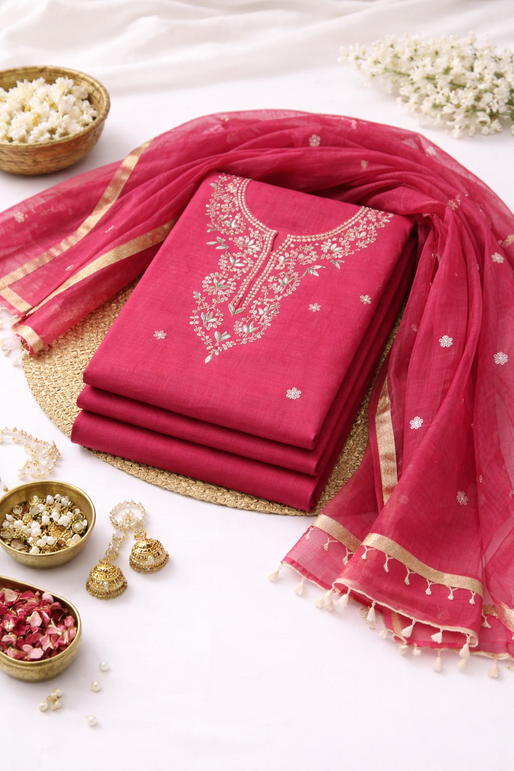 Deep rani pink gotapatti worked kurta material with dupatta