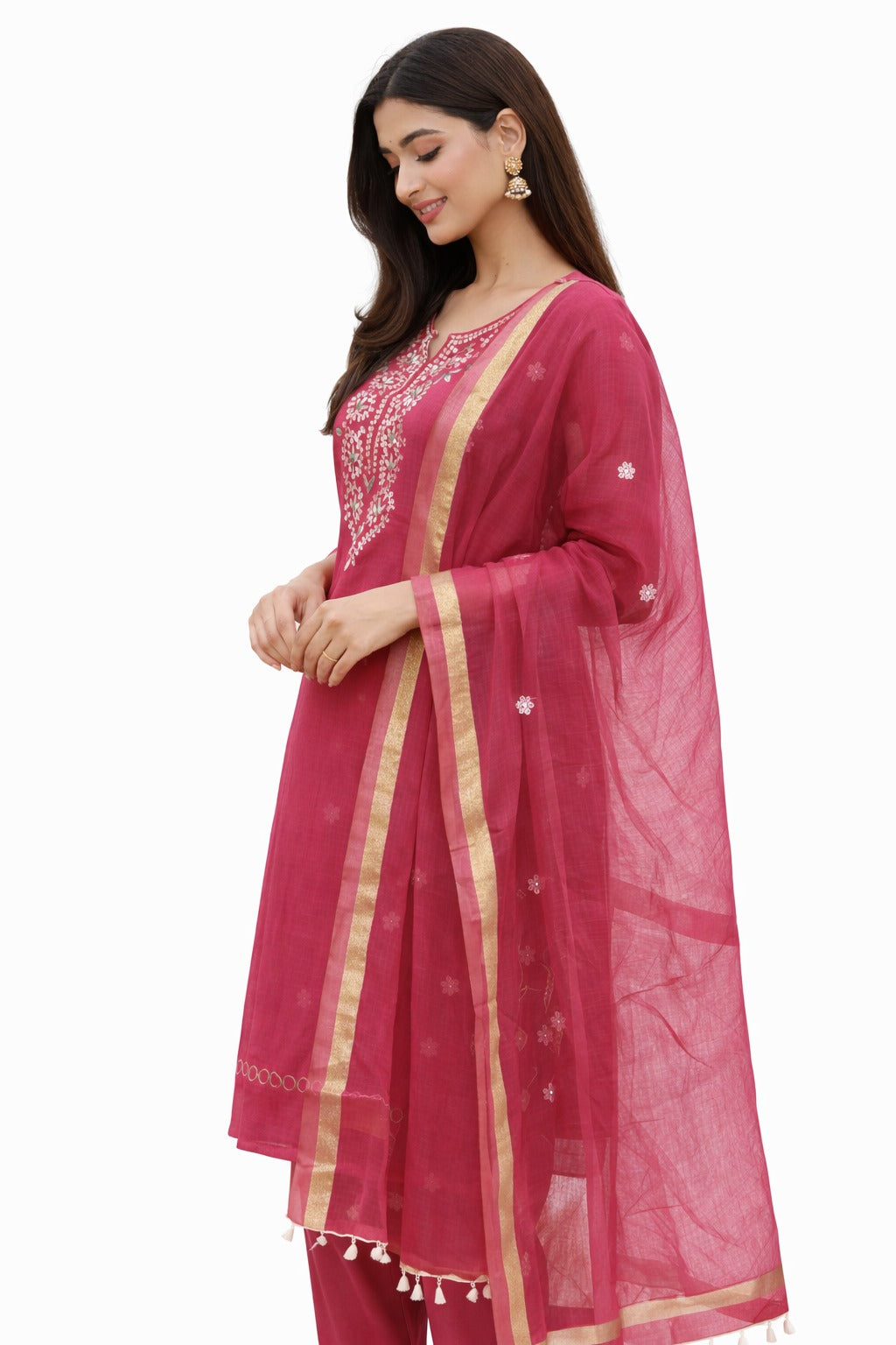 Deep rani pink gotapatti worked kurta material with dupatta. Side way design