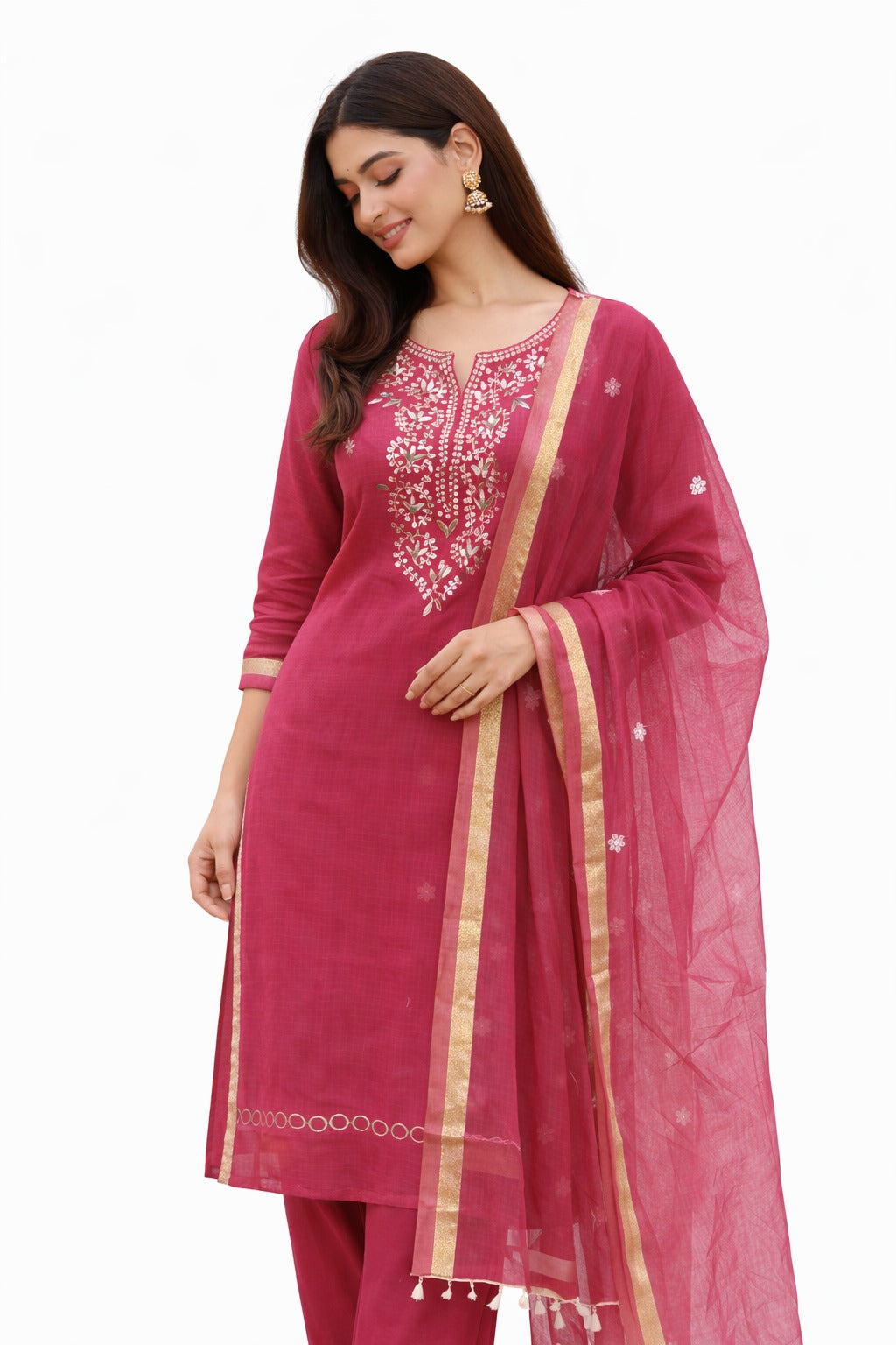 Deep rani pink gotapatti worked kurta material with dupatta. Can be styled versatilely