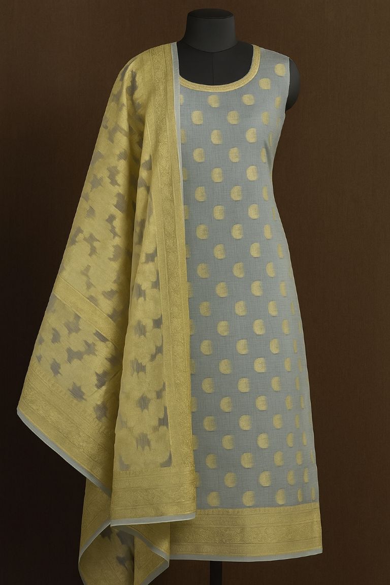 BUTTONCRYP Grey-Golden Buta Print Kurti with Dupatta – When Simple Is Stylish!