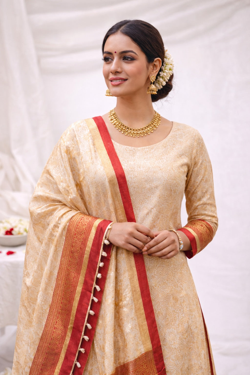 Golden beige kurta material with red border. Versatile style advice