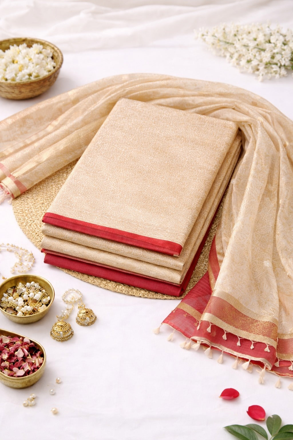 Golden beige kurta material with red border.