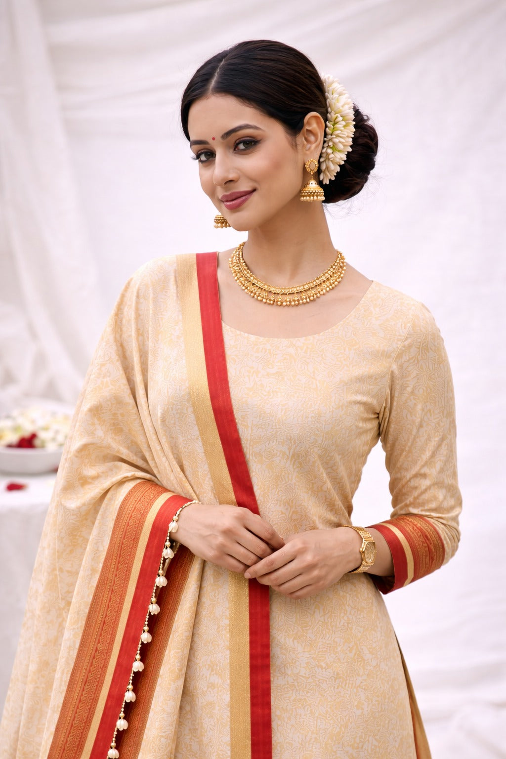 Golden beige kurta material with red border. Style guide