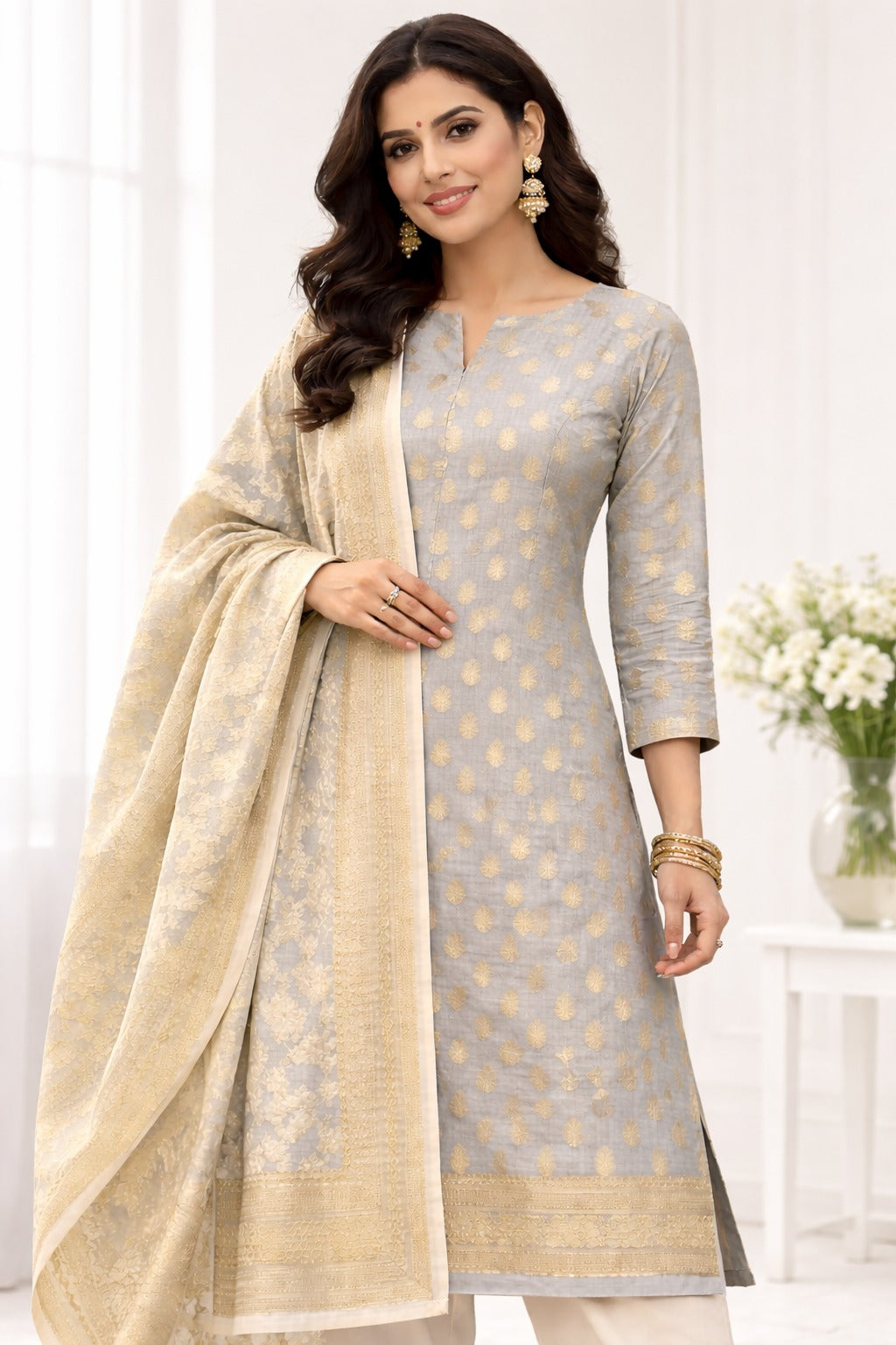 Golden and blue kurta material with Banarasi and Kotadoria fabric. Front design inspiration