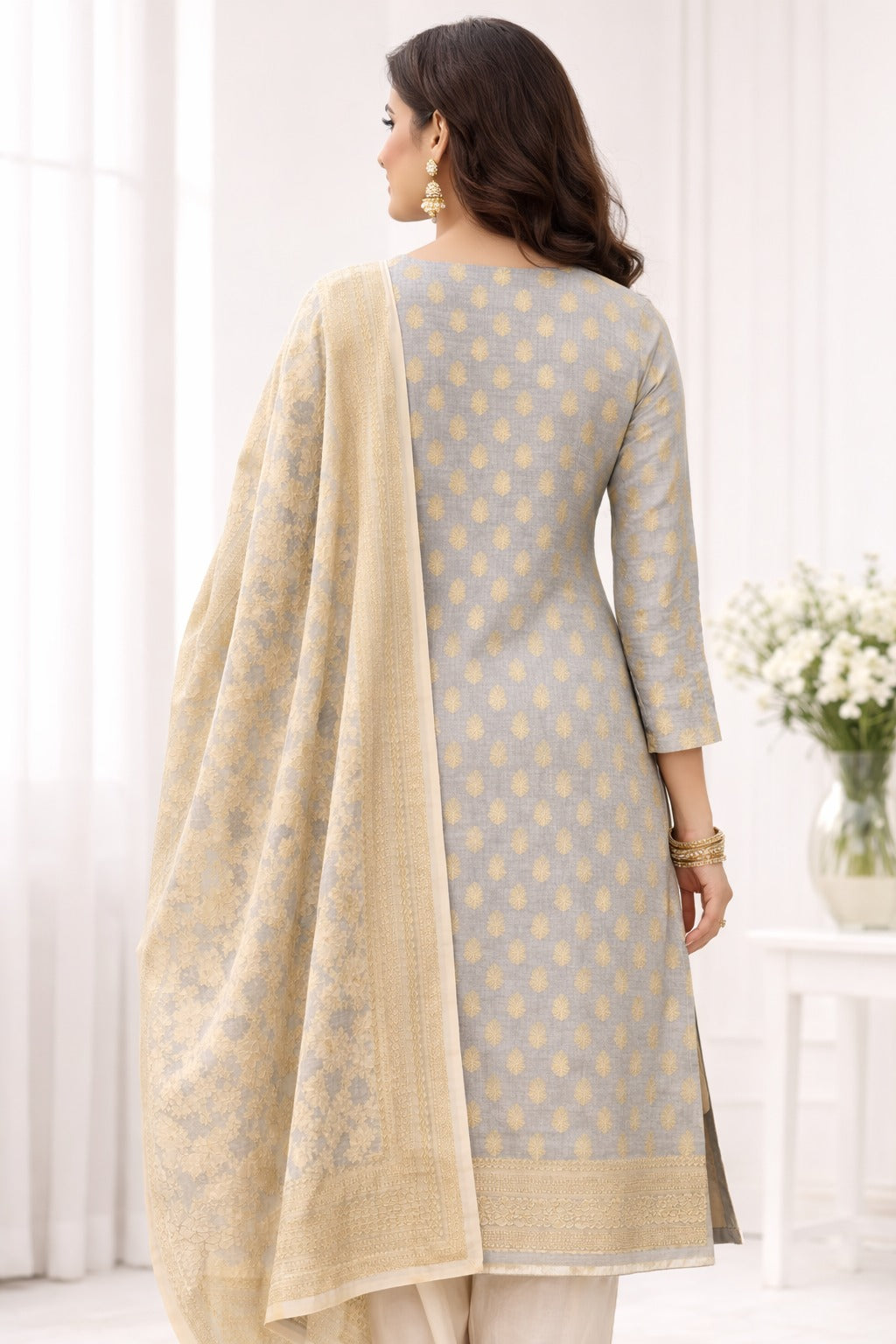 Golden and blue kurta material with Banarasi and Kotadoria fabric. Back design inspiration