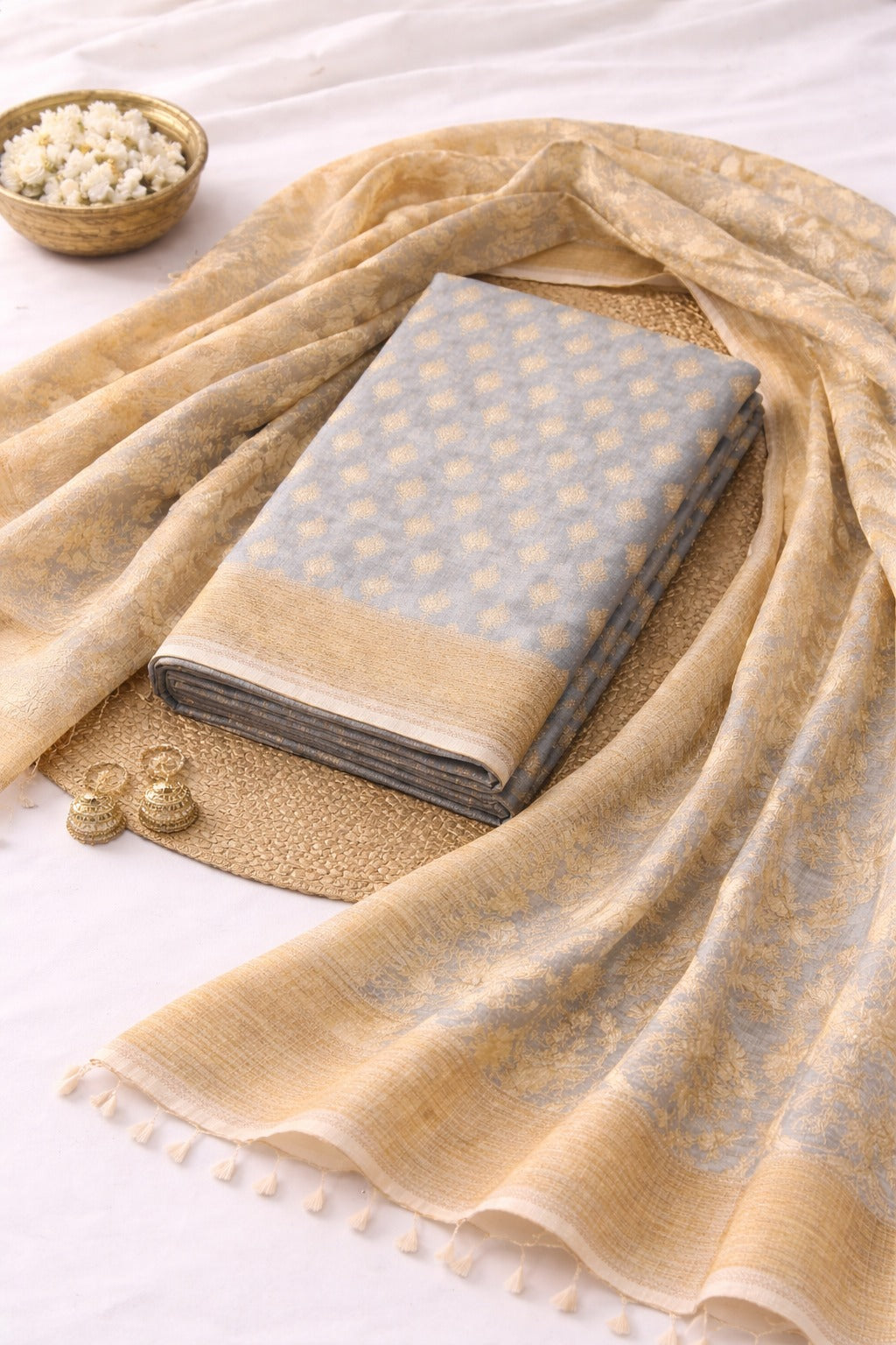 Golden and blue kurta material with Banarasi and Kotadoria fabric.