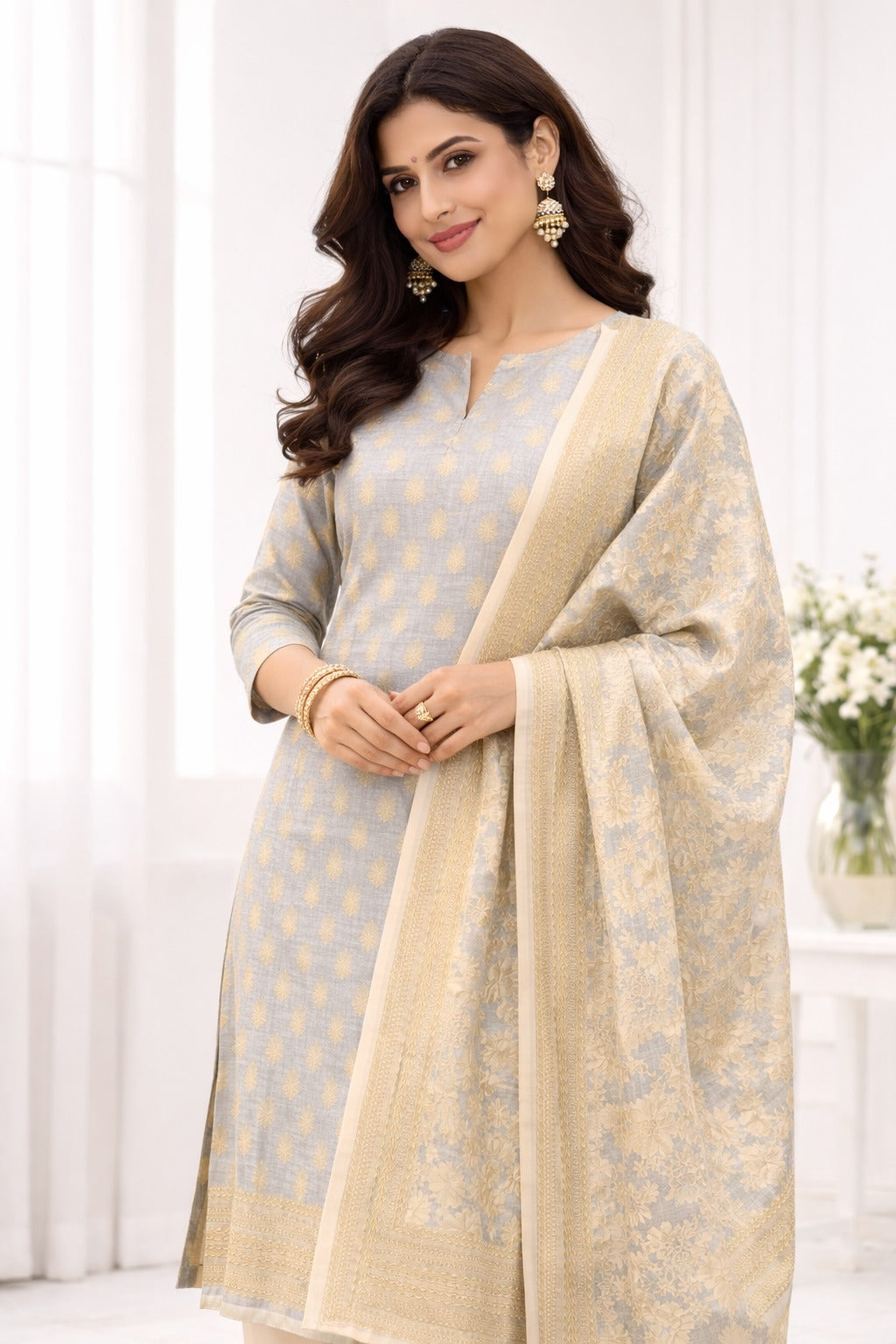 Golden and blue kurta material with Banarasi and Kotadoria fabric. Design inspiration with versatile pose