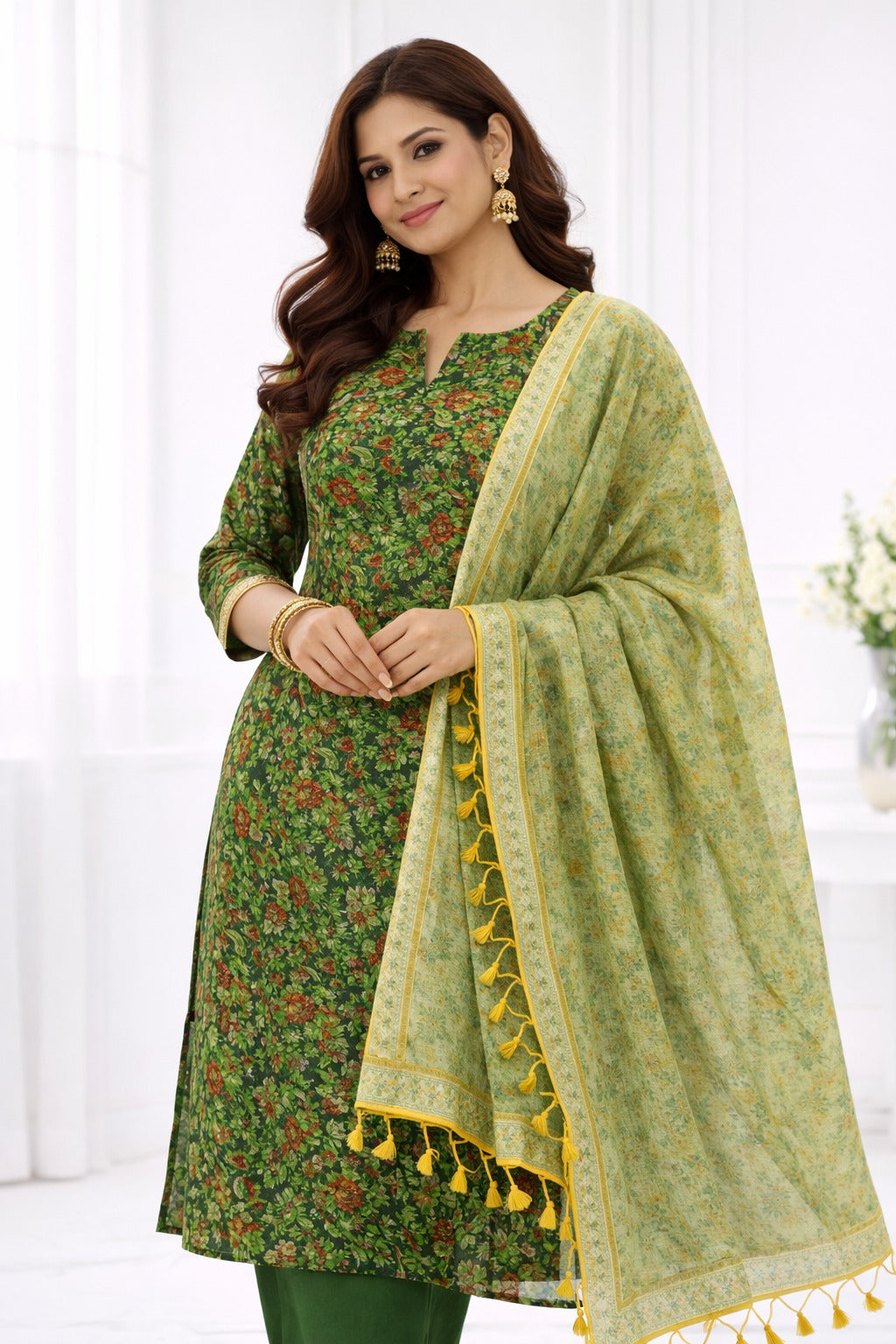 Green kotadoria material with sheer dupatta raw material. Style guide at front