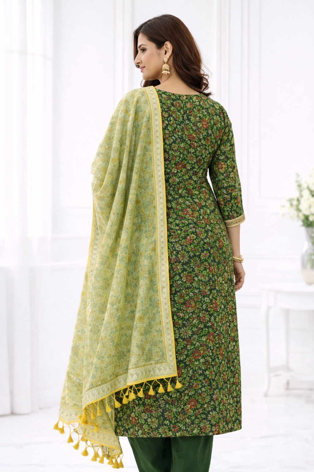 Green kotadoria material with sheer dupatta raw material. Style guide at back 