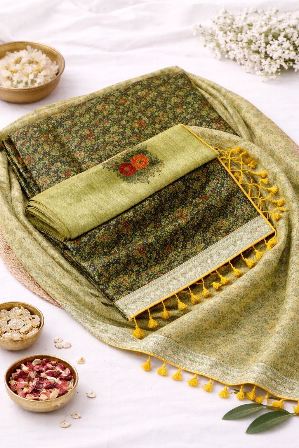 Green kotadoria material with sheer dupatta raw material