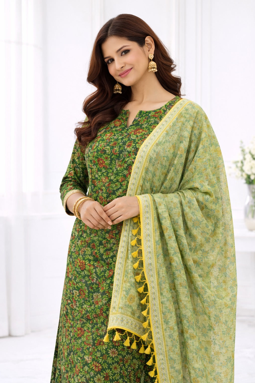 Green kotadoria material with sheer dupatta raw material. Style guide at front