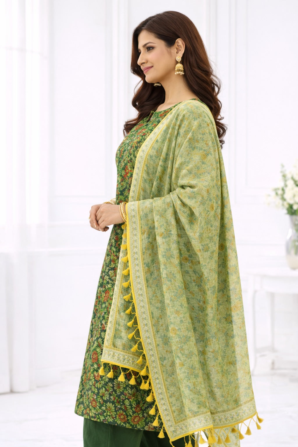Green kotadoria material with sheer dupatta raw material. Style guide at side