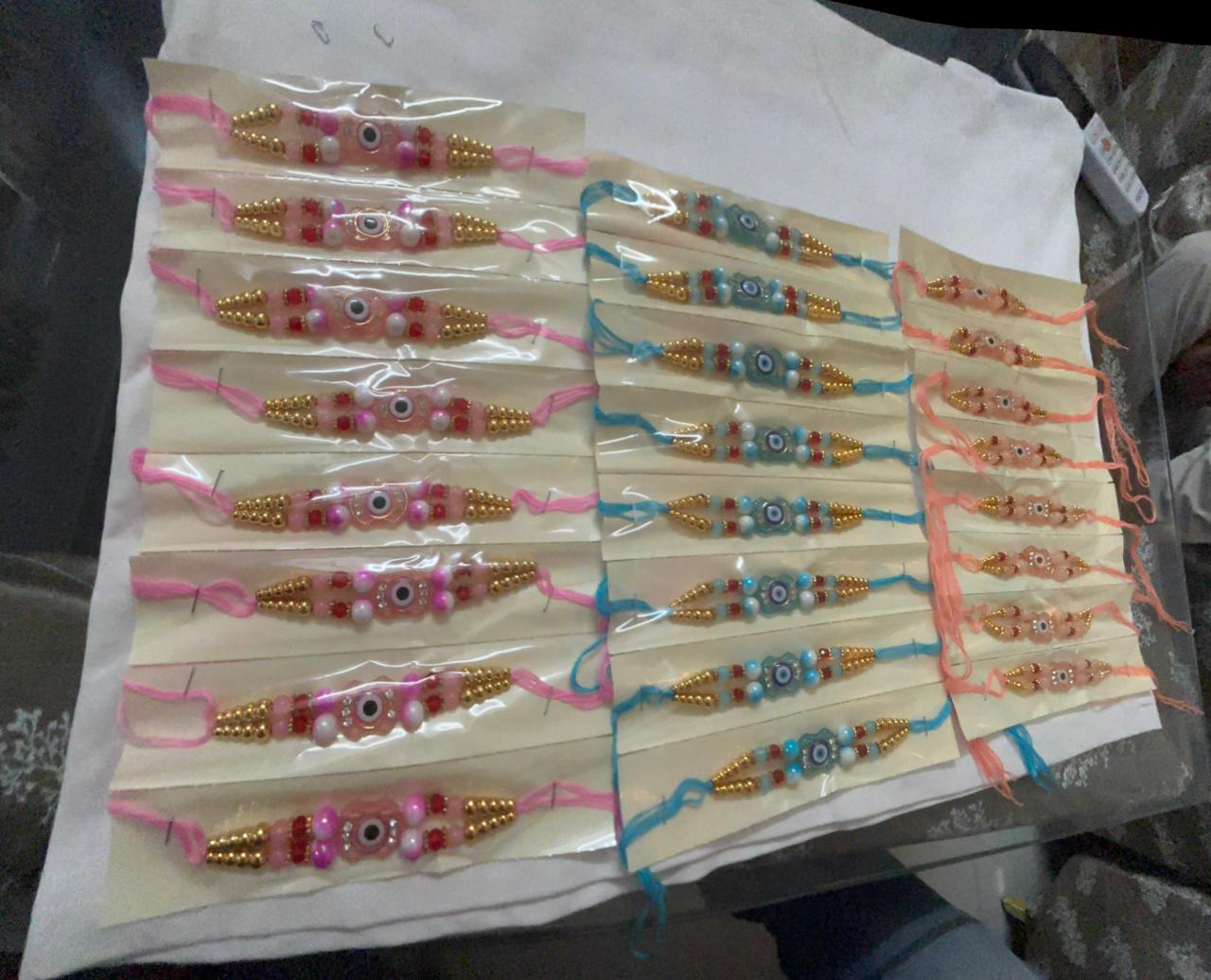 Multicolour Single Rakhi Set – with Roli, Chawal, Greeting Card and Chocolate | BUTTON CRYP