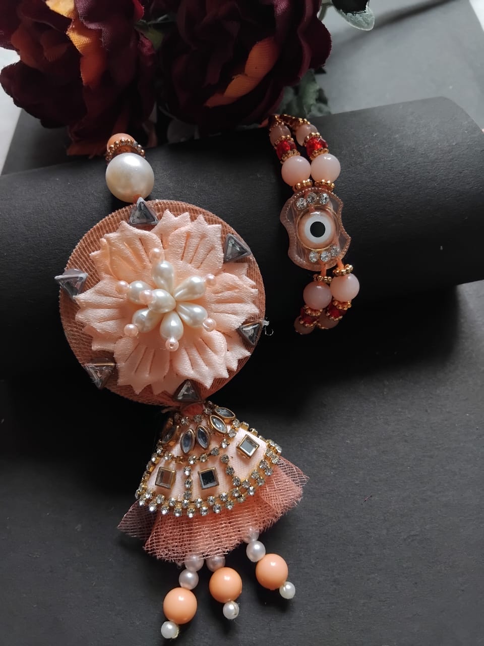 Single Lumba Rakhi Multicolor with Roli Chawal, Greeting Card & Chocolate
