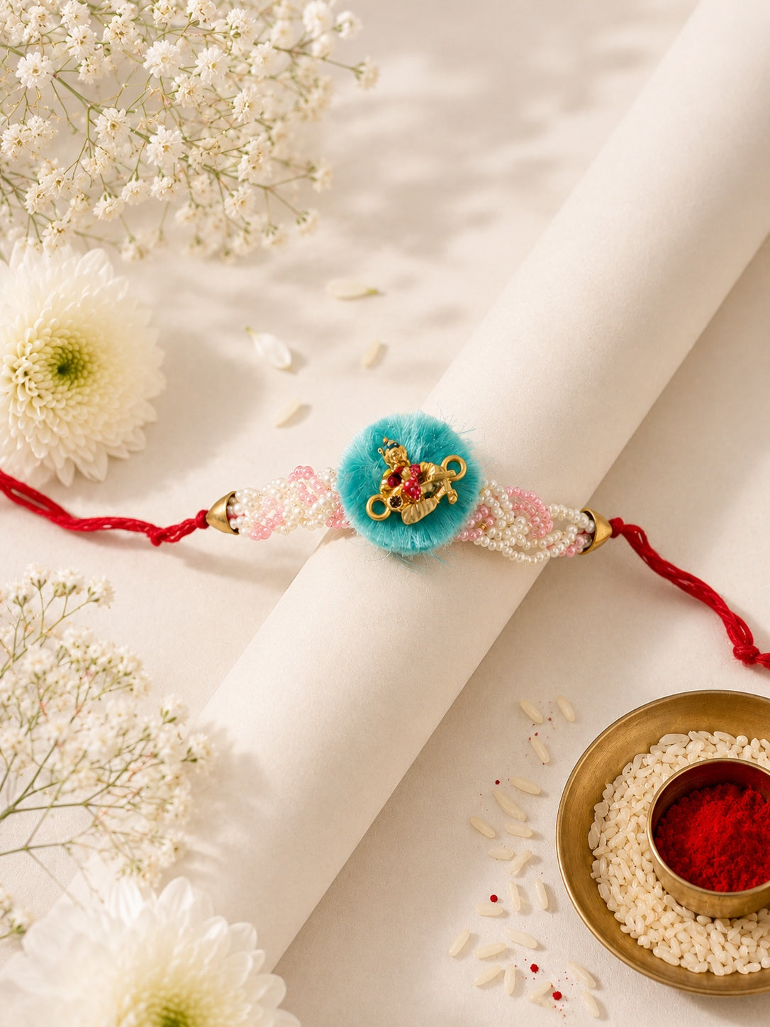 Kashida Rakhi with Krishna in Centre with Moti Surrounding 