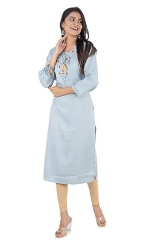 BUTTONCRYP Light Blue Cotton/Rayon Long Straight Kurti