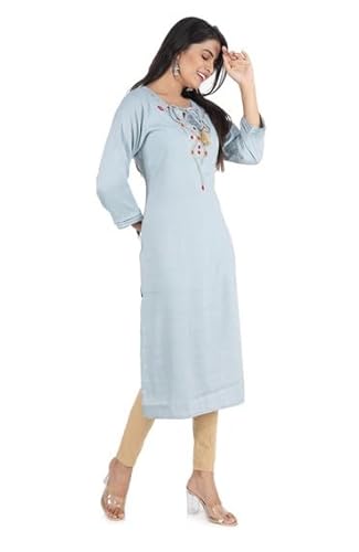 BUTTONCRYP Light Blue Cotton/Rayon Long Straight Kurti