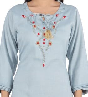 BUTTONCRYP Light Blue Cotton/Rayon Long Straight Kurti