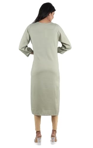 BUTTONCRYP Women's Sage Green Cotton/Rayon Straight Long Kurti – Floral embroidery, tassel tie-up