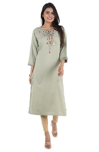 BUTTONCRYP Women's Sage Green Cotton/Rayon Straight Long Kurti – Floral embroidery, tassel tie-up