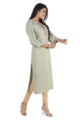 BUTTONCRYP Women's Sage Green Cotton/Rayon Straight Long Kurti – Floral embroidery, tassel tie-up