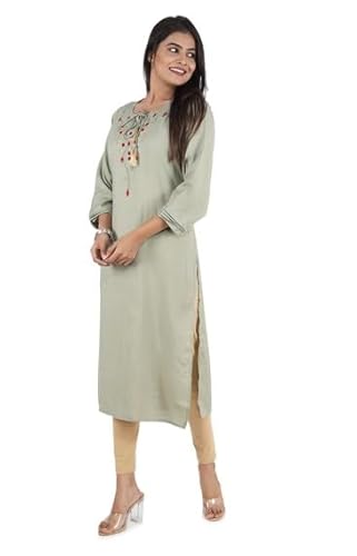 BUTTONCRYP Women's Sage Green Cotton/Rayon Straight Long Kurti – Floral embroidery, tassel tie-up