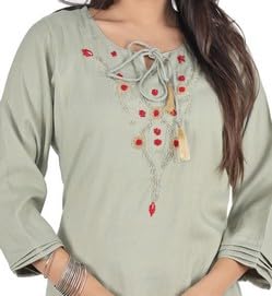 BUTTONCRYP Women's Sage Green Cotton/Rayon Straight Long Kurti – Floral embroidery, tassel tie-up