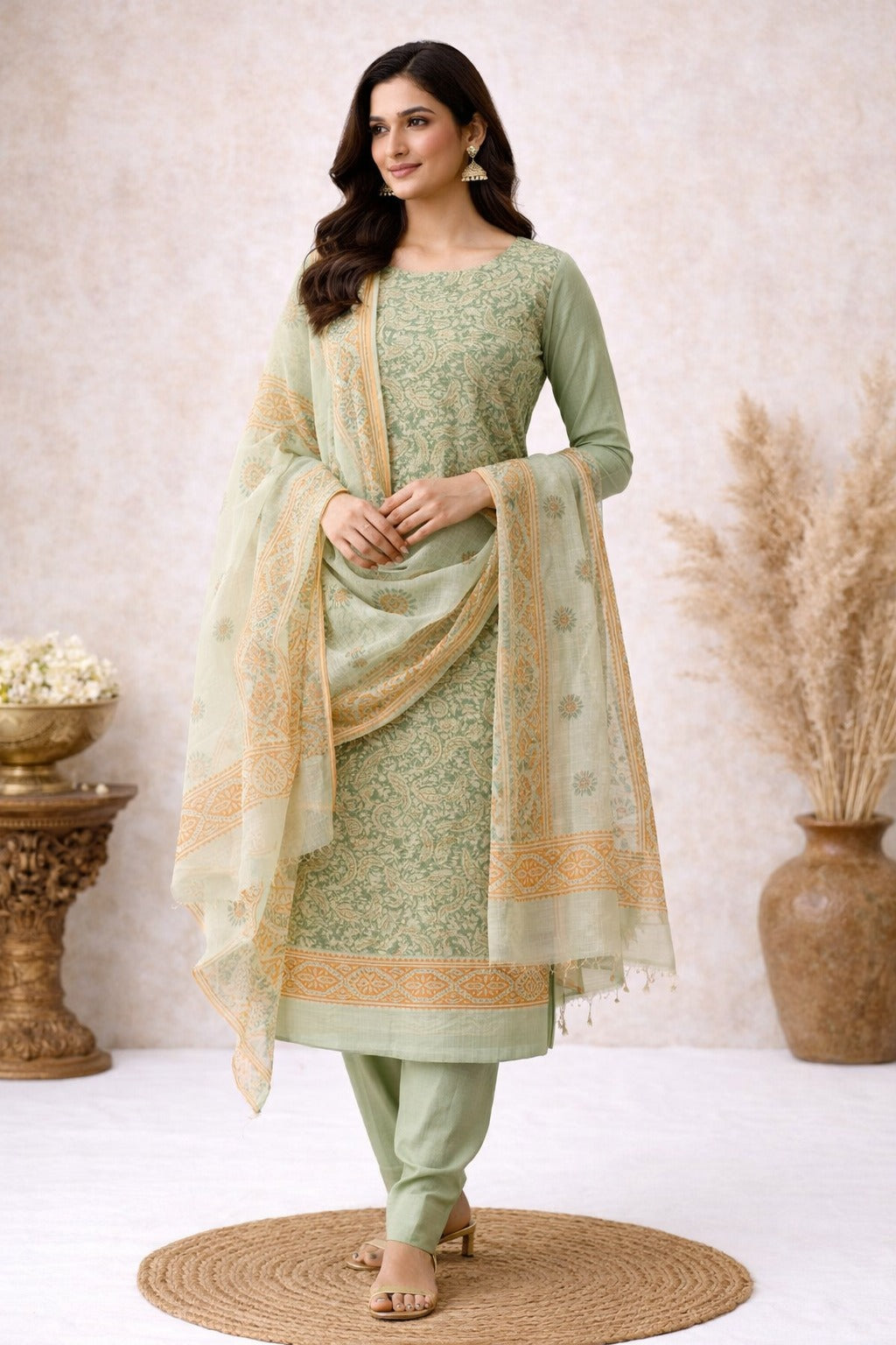 Lime green kurta material with floral print paired with dupatta containing floral print all over it