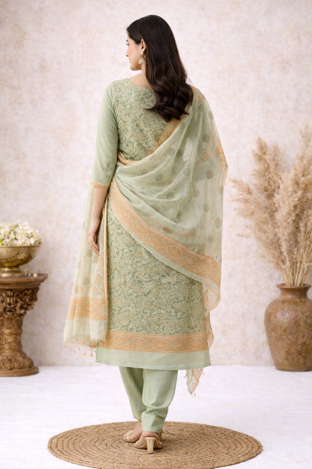 Lime green kurta material with floral print paired with dupatta containing floral print all over it