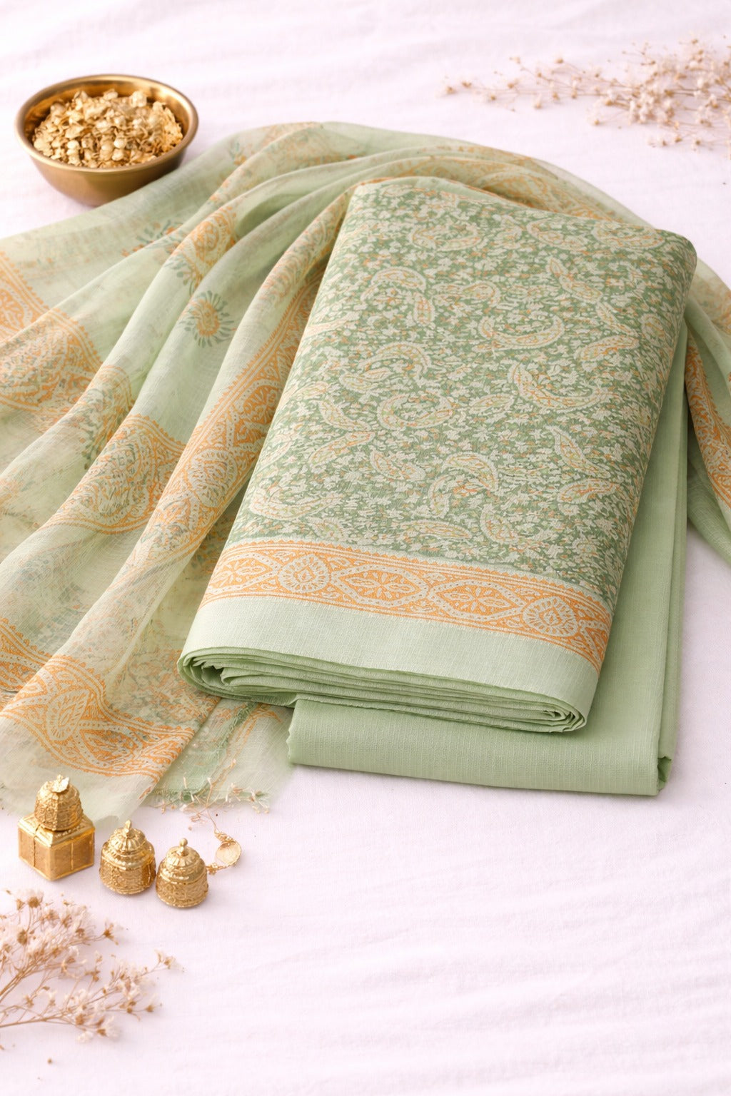 Lime green kurta material with floral print paired with dupatta containing floral print all over it