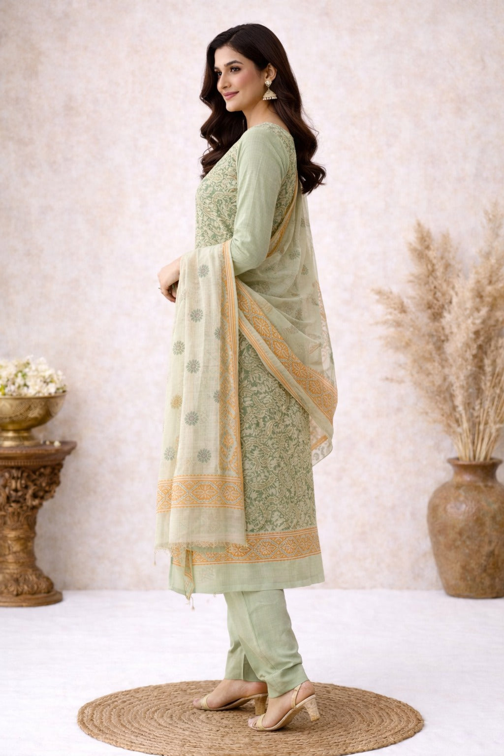 Lime green kurta material with floral print paired with dupatta containing floral print all over it
