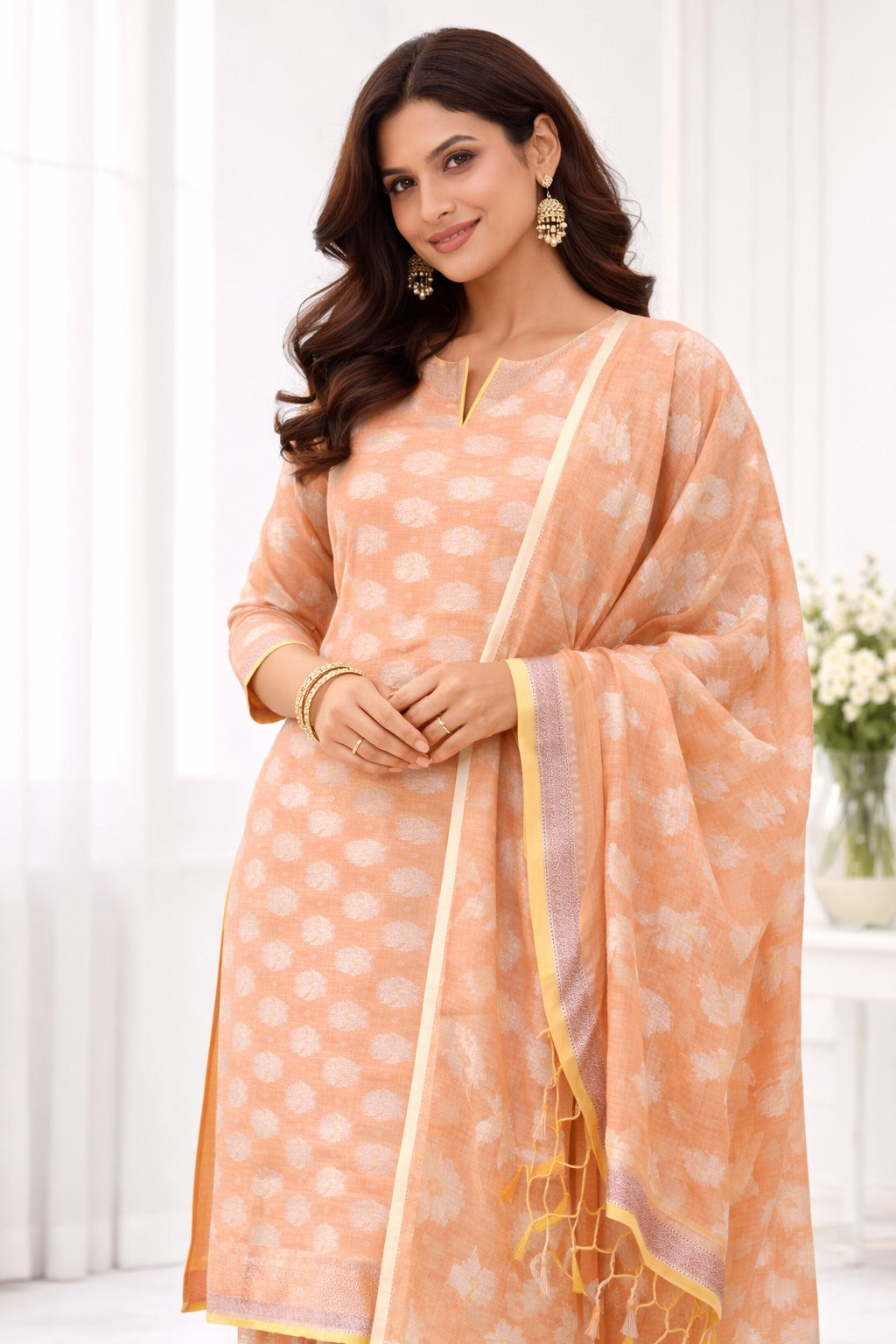 Peach and golden  kurta material with matching banarasi style dupatta. Design guide , and versatile style