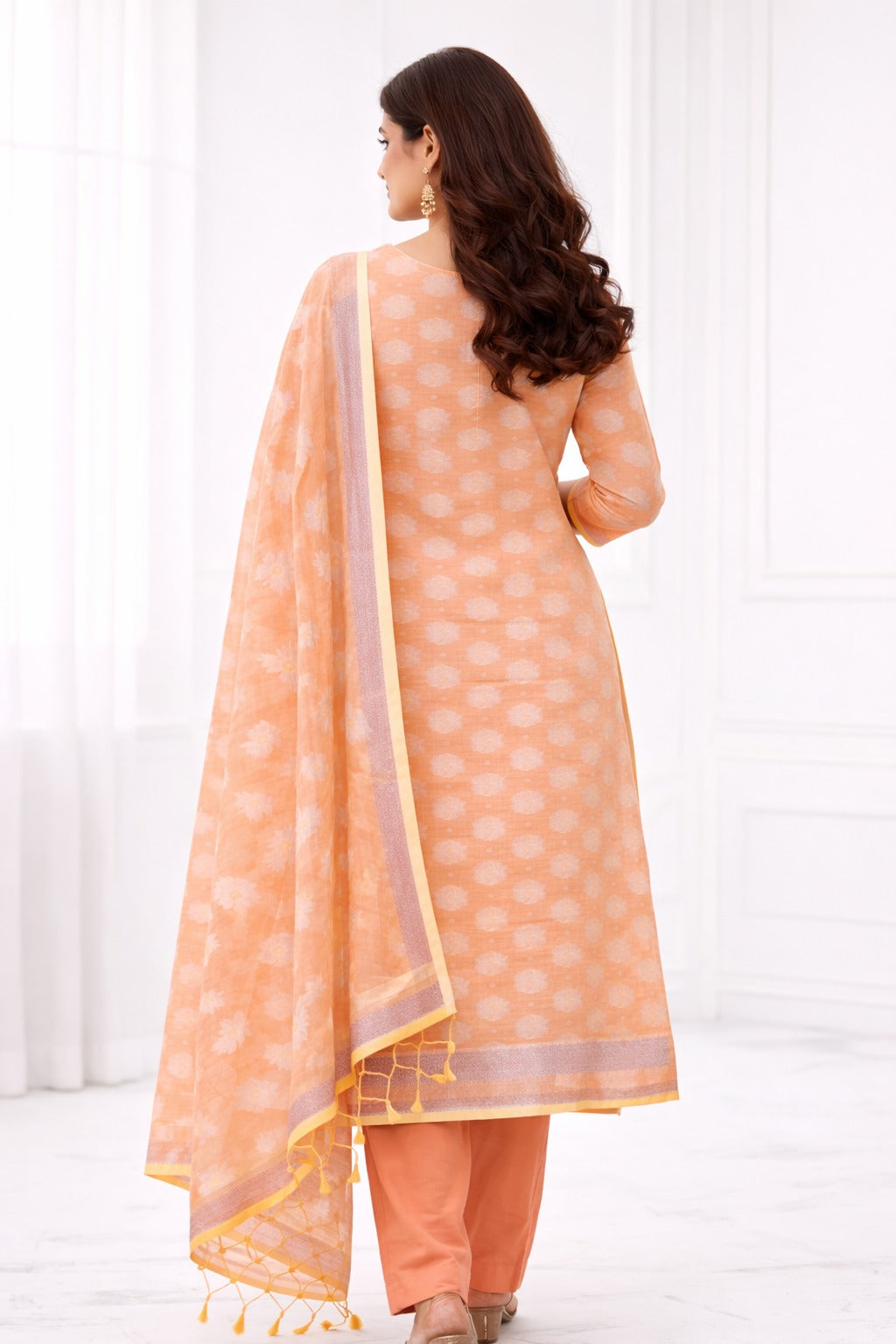 Peach and golden  kurta material with matching banarasi style dupatta. Design guide , how it can be stitched and look on the back