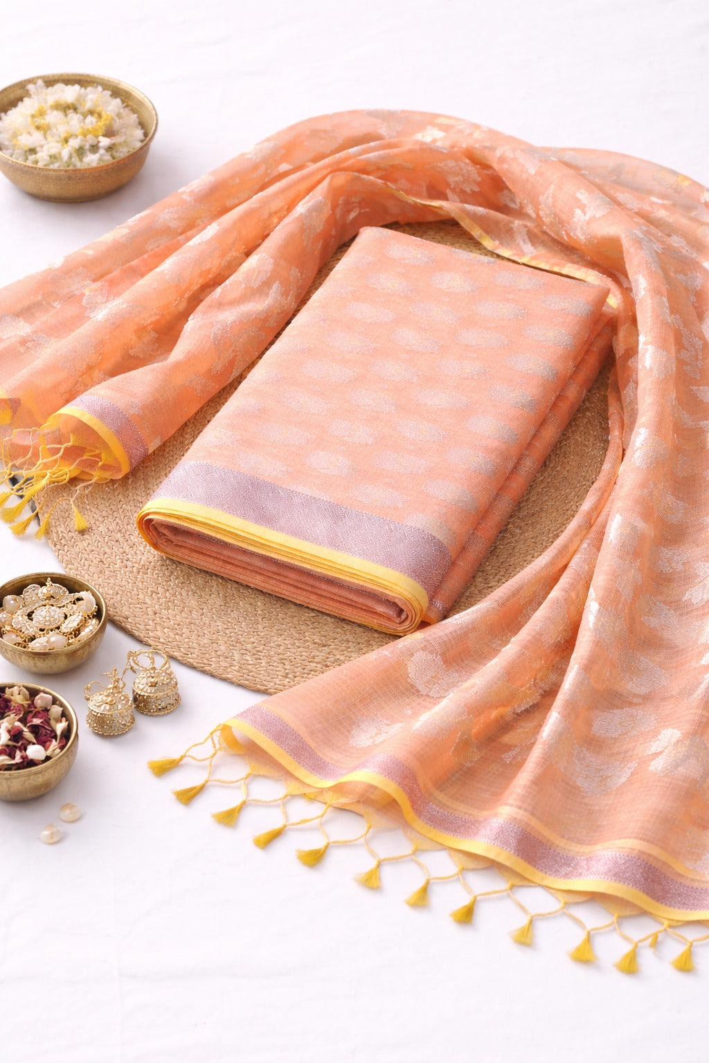 Peach and golden  kurta material with matching banarasi style dupatta