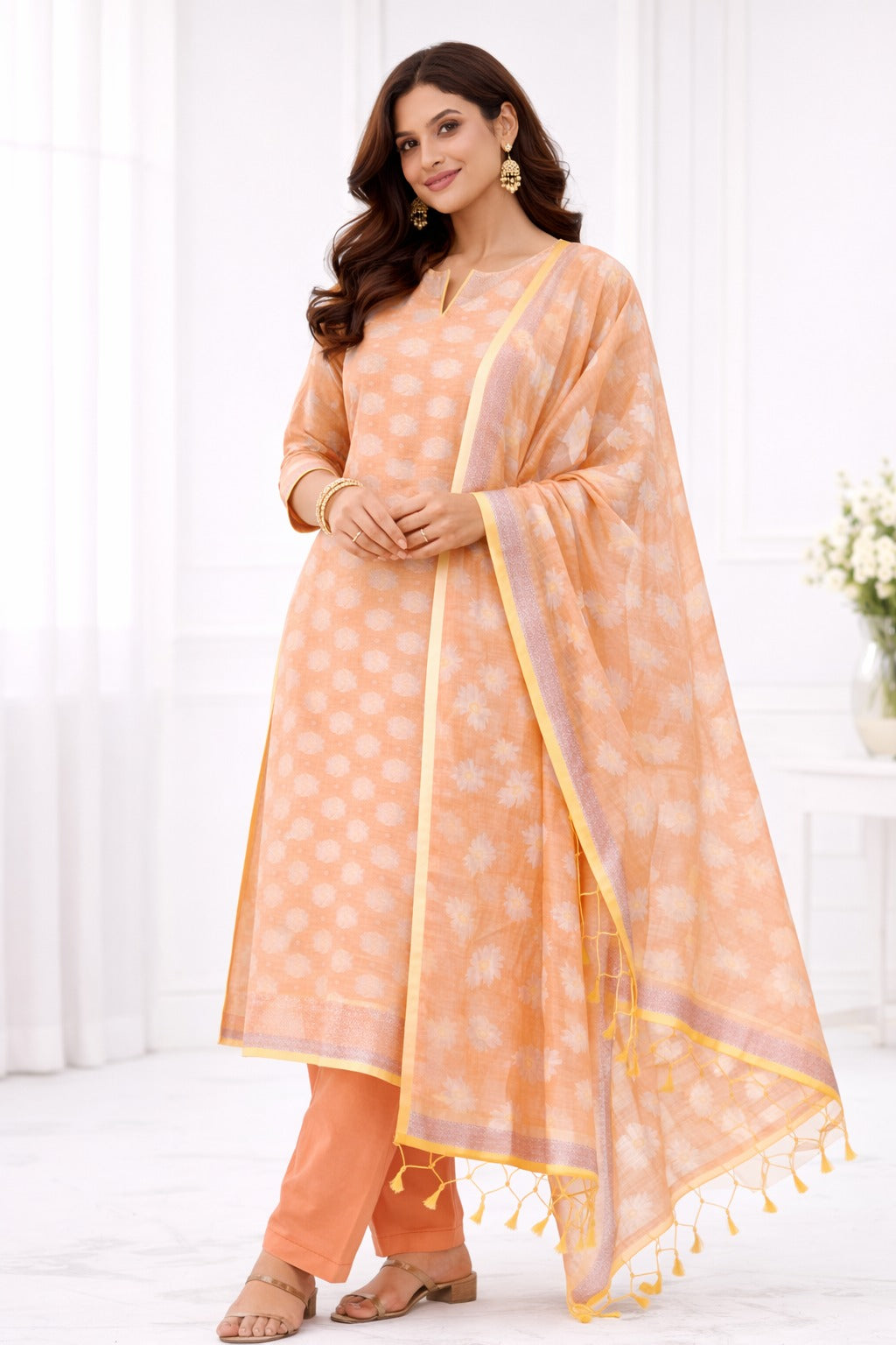 Peach and golden  kurta material with matching banarasi style dupatta. Design guide , how it can be stitched
