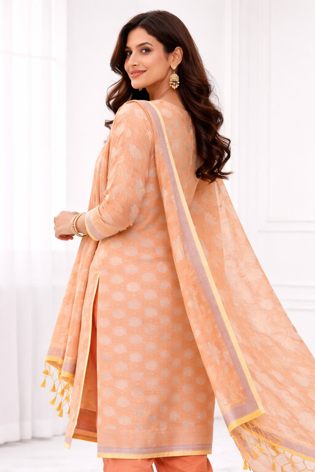 Peach and golden  kurta material with matching banarasi style dupatta. Design guide , side way pose and how it'll look side ways